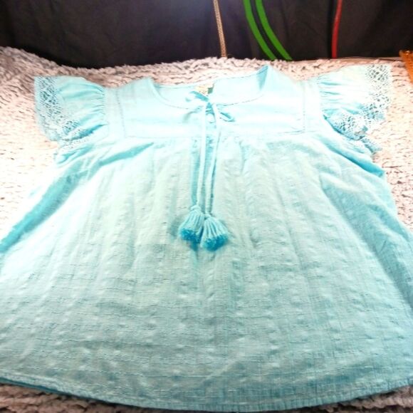 St. John's Bay Baby Doll Tunic 100% Cotton Gausy Tassel Tie Embroidered Blue XL. - Picture 10 of 10